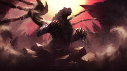Rule 34 | absurdres, claws, cliff, closed eyes, cropped legs, debris, dirt, dragon, dust, from below, highres, horns, monster, monster hunter (series), no humans, red sky, rock, shara ishvalda, sky, solo, standing, sun, sunset, teeth, wings, zaekyn