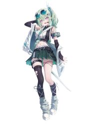 Rule 34 | 1girl, absurdres, arm behind head, asymmetrical legwear, black arm warmers, black socks, black thighhighs, crop top, green hair, green nails, green skirt, grey leg warmers, hair between eyes, highres, jacket, kneehighs, leg warmers, looking at viewer, medium hair, midriff, mirrorapo yemp, multicolored eyes, navel, open clothes, open jacket, open mouth, shoes, simple background, skirt, smile, socks, solo, standing, stellive, sword, teeth, thigh strap, thighhighs, twintails, uneven legwear, upper teeth only, virtual youtuber, weapon, white background, white jacket, white shoes, yuzuha riko