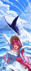 Rule 34 | 1girl, :d, absurdres, alternate costume, animal ears, arms up, blue sky, breasts, center-flap bangs, cleavage, cloud, commentary, cumulonimbus cloud, day, dress, empire waist, fangs, frilled dress, frilled thigh strap, frills, hashtag-only commentary, hat, highres, hololive, hololive english, jacket, jeong jje, large breasts, long hair, long sleeves, looking at viewer, multicolored hair, ocean, open mouth, outdoors, outstretched arms, panther ears, panther girl, panther tail, pink hair, raora panthera, sky, smile, solo, spaghetti strap, straw hat, streaked hair, sun hat, tail, teeth, thigh strap, upper teeth only, very long hair, virtual youtuber, whale, white dress, white hair, white jacket, yellow eyes