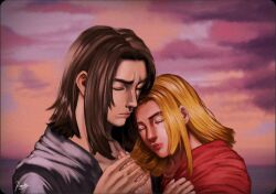 Rule 34 | 1boy, 1girl, blonde hair, brown hair, closed eyes, closed mouth, cloud, cloudy sky, eren yeager, evening, haenulie, hand grab, krista lenz, medium hair, official alternate costume, outdoors, shingeki no kyojin, signature, sky, third-party source