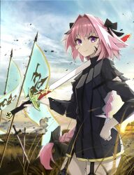 1boy astolfo_(fate) black_bow black_dress bow braid crossdressing dress emblem fate/apocrypha fate/grand_order fate_(series) flag hair_bow hair_intakes highres holding holding_sword holding_weapon multicolored_hair multiple_hair_bows over_shoulder pink_hair planted planted_sword planted_weapon single_braid solo streaked_hair sword sword_over_shoulder trap war weapon weapon_over_shoulder white_hair yodaka