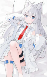 1girl absurdres ahoge animal_ear_fluff blue_eyes bright_pupils commission detached_sleeves highres jacket knee_up long_hair long_sleeves looking_at_viewer lying necktie on_back on_bed open_clothes open_jacket original pillow red_necktie solo usagi_(786113654) white_hair white_jacket white_pupils wide_sleeves