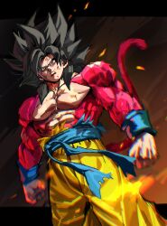 1boy alternate_color battle_damage black_hair blue_sash body_fur clenched_hands cowboy_shot dragon_ball dragon_ball_daima dragon_ball_gt highres long_hair looking_at_viewer male_focus muscular muscular_male pants red_fur sash smirk solo son_goku spiked_hair super_saiyan super_saiyan_4 tkht_9315 yellow_eyes yellow_pants