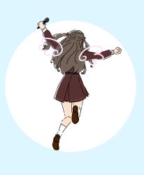 1girl absurdres blue_background brown_dress brown_hair brown_shoes clenched_hands commentary_request drawn_wings dress facing_away from_behind fujishima_megumi hasu_no_sora_school_uniform highres holding holding_microphone link!_like!_love_live! long_hair long_sleeves love_live! microphone nakahama_(ha_mamaman) outstretched_arms pleated_dress round_image sailor_collar sailor_dress school_uniform shoe_soles shoes short_dress socks solo spread_arms two_side_up virtual_graduation_commemoration virtual_youtuber white_background white_sailor_collar white_socks winter_uniform