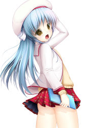 10s 1girl absurdres ass blue_hair brown_eyes computer daitoshokan_no_hitsujikai daitoshokan_no_hitsujikai:_a_good_librarian_like_a_good_shepherd female_focus from_behind hat highres laptop loli long_hair looking_back panties pantyshot rinsu skirt smile solo standing sweater underwear upskirt ureshino_sayumi wind wind_lift