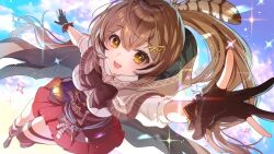 1girl :d ankle_boots ashiyafuku belt boots brown_cloak brown_corset brown_eyes brown_hair cape cape_lift cloak cloud cloudy_sky corset dagger feather_hair_ornament feathers floating_hair foreshortening gloves hair_ornament hairclip hololive hololive_english hood hooded_cloak kneehighs knife lantern long_hair looking_at_viewer multicolored_hair multicolored_sky nanashi_mumei nanashi_mumei_(1st_costume) open_mouth partially_fingerless_gloves pleated_skirt ponytail purple_sky reaching reaching_towards_viewer red_skirt shirt single_kneehigh single_sock single_thighhigh skirt sky smile socks solo sparkle streaked_hair teeth thighhighs upper_teeth_only very_long_hair virtual_youtuber weapon white_shirt yellow_sky
