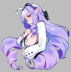 1girl ahoge black_ribbon blush braid center_frills commentary commentary_typo drill_hair english_commentary frills hair_ribbon half_up_braid long_hair long_sleeves looking_at_viewer mole mole_under_eye multicolored_hair nipples one_breast_out open_mouth pointy_ears purple_hair red_eyes ribbon simple_background solo streaked_hair two-tone_hair upper_body vivian_banshee white_hair zambiie zenless_zone_zero