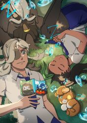 1boy 1girl arven_(pokemon) black_hair blue_eyes book closed_eyes collared_shirt commentary_request creatures_(company) game_freak gen_7_pokemon green_hair hair_over_one_eye litten looking_at_another lying mabosstiff multicolored_hair necktie nemona_(pokemon) nintendo on_grass own_hands_together pawmo pokemon pokemon_sv popplio rowlet school_uniform sego_(segoshichan) shirt sleeping smile two-tone_hair uva_academy_school_uniform zzz