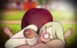 1boy 1girl age_difference blonde_hair blurry boruto:_naruto_next_generations clothed_female_nude_male clothed_sex cum glasses grabbing highres hokage&#039;s_adopted_son huge_penis kimkun0162 lying naruto_(series) nude open_mouth oral penis penis_grab pov precum shiho_(naruto) size_difference smile sweat testicle_sucking testicles