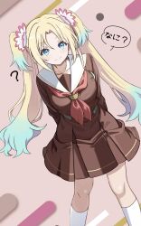 Rule 34 | 1girl, ?, arms behind back, blonde hair, blue eyes, blue hair, breasts, brown background, closed mouth, collarbone, commentary request, curtained hair, dress, dutch angle, feet out of frame, flower, gradient hair, hair flower, hair ornament, hasu no sora school uniform, highres, kneehighs, link! like! love live!, looking at viewer, love live!, medium breasts, multicolored hair, neckerchief, osawa rurino, parted bangs, pink flower, pleated dress, red neckerchief, sailor collar, sailor dress, school uniform, short dress, smile, socks, solo, speech bubble, split mouth, standing, virtual youtuber, white sailor collar, white socks, winter uniform, zaofeng