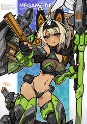 1girl armored_boots asra_tamamonomae bikini black_bikini blonde_hair boots breasts fingerless_gloves gloves green_eyes halterneck hand_fan high_ponytail highres holding holding_weapon looking_at_viewer mecha_musume mechanical_ears medium_breasts medium_hair megami_device nancou_(nankou) navel ponytail solo standing swimsuit tan tanline weapon