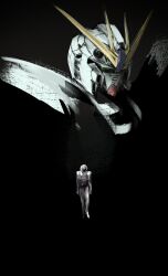 1boy akawakesen amuro_ray black_background bodysuit char&#039;s_counterattack green_eyes gundam helmet highres mecha mecha_focus mecha_pilot_suit mobile_suit normal_suit_(gundam) nu_gundam pilot_helmet robot science_fiction simple_background space_helmet spacesuit v-fin white_bodysuit zero_gravity