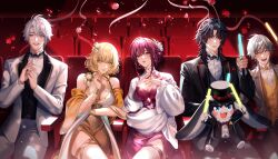 2girls 3boys :d aglaea_(honkai:_star_rail) alternate_costume antenna_hair black_bow black_bowtie black_hair black_jacket black_pants black_vest blade_(honkai:_star_rail) blonde_hair blue_eyes bow bowtie breasts caelus_(honkai:_star_rail) closed_mouth commentary dress english_commentary falling_flower flower glowstick grey_hair grey_jacket hair_between_eyes hair_flower hair_intakes hair_ornament highres holding holding_glowstick honkai:_star_rail honkai_(series) jacket kafka_(honkai:_star_rail) long_hair makeup medium_breasts multiple_boys multiple_girls onegingek open_mouth pants parted_bangs phainon_(honkai:_star_rail) pom-pom_(honkai:_star_rail) purple_dress purple_eyes purple_hair red_eyes shirt short_hair side_slit sidelocks smile suit_jacket thigh_strap trailblazer_(honkai:_star_rail) two-tone_dress vest white_dress white_hair white_jacket white_pants white_shirt yellow_dress yellow_eyes yellow_vest