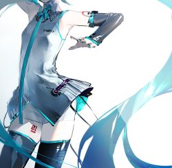 1girl adapted_costume aqua_hair aqua_nails aqua_necktie armpits arms_up bare_shoulders bike_shorts black_sleeves black_thighhighs cowboy_shot detached_sleeves female_focus grey_shirt hatsune_miku head_out_of_frame highres leg_tattoo long_hair nail_polish necktie shirt shorts shorts_under_skirt sleeveless sleeveless_shirt solo tattoo thighhighs twintails very_long_hair vocaloid white_background yyb zettai_ryouiki