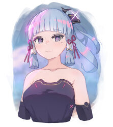 1girl ayaka_(genshin_impact) bare_shoulders blue_hair blunt_bangs breasts closed_mouth collarbone commentary cropped_arms cropped_torso genshin_impact hair_tubes highres large_breasts mole mole_under_eye purple_eyes sidelocks solo strapless valenthania