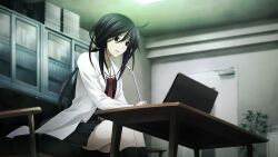 Rule 34 | 1girl, ahoge, black dress, black hair, black socks, breasts, chaos;child, collarbone, computer, dress, game cg, hair between eyes, hekiho academy, hekiho academy uniform, highres, kneehighs, kunosato mio, lab coat, laptop, long hair, long sidelocks, looking at object, medium breasts, messy hair, microphone, miniskirt, necktie, non-web source, official art, open mouth, plant, pleated skirt, ponytail, potted plant, purple eyes, red necktie, sasaki mutsumi, school, sidelocks, sitting, skirt, smile, socks, solo, tongue, underbutt