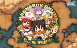 Rule 34 | 2boys, 4girls, :d, aital ream, anniversary, armor, black armor, black hair, black pants, black ribbon, blonde hair, blue eyes, brown hair, butterfly wings, chest sarashi, chibi, chibi only, closed mouth, copyright notice, cowboy hat, dog, dress, fang, foil (fencing), full body, gauntlets, gioia, guy rockstar, hair over one eye, hat, highres, holding, holding microphone, holding sword, holding weapon, insect wings, khalitzburg (ragnarok online), logo, long hair, looking at viewer, map, mayor jun kardui, medium hair, microphone, monocle, multiple boys, multiple girls, neck ribbon, official art, official wallpaper, open mouth, orange scarf, pants, phantom thief anniversary, print hat, purple eyes, purple hair, ragnarok online, red hair, ribbon, sarashi, scarf, shiba inu, short hair, smile, star (symbol), star print, sura (ragnarok online), sword, triangle mouth, weapon, white dress, white hat, white pants, wings, yuichirou
