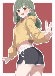 Rule 34 | 1girl, :d, alternate costume, black shorts, blush, border, breasts, brown eyes, commentary request, cowboy shot, cropped hoodie, dolphin shorts, green hair, hair ornament, hairclip, hood, hood down, hoodie, link! like! love live!, long hair, long sleeves, love live!, medium breasts, micro shorts, midriff, ogami sachi, open mouth, outline, outside border, parallel hairclips, red background, shorts, side slit, side slit shorts, simple background, smile, solo, soyo1558686, v, white border, white outline, yellow hoodie