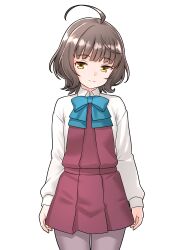 1girl absurdres ahoge aqua_bow aqua_bowtie blunt_bangs bow bowtie collared_shirt commentary_request commission cowboy_shot dress furaggu_(frag_0416) highres kantai_collection kishinami_(kancolle) pantyhose pinafore_dress pixiv_commission purple_pantyhose red_dress shirt short_hair simple_background sleeveless sleeveless_dress solo standing variant_set white_background white_shirt yellow_eyes