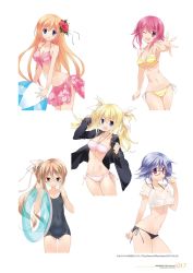 5girls arimura_hinae ball beachball bikini bikini_skirt bikini_under_clothes black_bikini black_bra black_jacket black_one-piece_swimsuit black_panties blonde_hair blue_eyes blue_hair bra breasts brown_eyes brown_hair chaos;child cleavage eyewear_on_head glasses highres jacket kazuki_hana kurusu_nono large_breasts long_hair medium_breasts mouse_(5zzb) multiple_girls navel no_pants one-piece_swimsuit onoe_serika panties pink_bikini pink_bra pink_panties purple_eyes red_bikini red_bra red_eyes red_hair red_panties ribbon see-through_clothes short_hair small_breasts stomach string_bikini string_panties swimsuit thighhighs thighs underboob underwear white_ribbon yamazoe_uki yellow_bikini yellow_bra yellow_panties