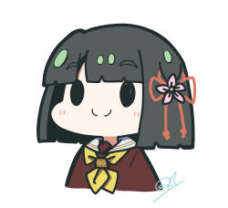 1girl black_hair blunt_bangs blunt_ends blush bob_cut brown_dress c: chibi chibi_only closed_mouth commentary_request cropped_torso dress flower flower_knot hair_flower hair_ornament hasu_no_sora_school_uniform highres link!_like!_love_live! love_live! momose_ginko neckerchief oofushi_ao pink_flower sailor_collar sailor_dress school_uniform short_hair signature simple_background smile solid_oval_eyes solo split_mouth virtual_youtuber white_background white_sailor_collar winter_uniform yellow_neckerchief