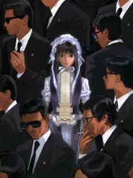 Rule 34 | 1girl, 6+boys, bingi, black hair, black jacket, black necktie, cigarette, commentary, dress, english commentary, gloves, highres, holding, holding cigarette, jacket, long hair, looking at viewer, multiple boys, necktie, original, puffy short sleeves, puffy sleeves, security guard, short hair, short sleeves, smoking, solo focus, sunglasses, white dress, white gloves