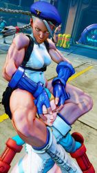 2girls 3d alternate_skin_color antenna_hair bare_shoulders blonde_hair blue_eyes blue_headwear blue_leotard braid breasts cammy_white clenched_hand covered_navel curvy fighting gloves hat highleg highleg_leotard highres large_breasts leotard lips long_hair multiple_girls multiple_persona red_gloves ryona screencap shiny_clothes street_fighter street_fighter_v thighs third-party_edit thong_leotard twin_braids very_long_hair white_leotard wide_hips