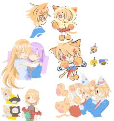 Rule 34 | 2girls, absurdres, alternate hair length, alternate hairstyle, animalization, arms around neck, blonde hair, blue jacket, green eyes, grey hair, hair ornament, hair over one eye, hair over shoulder, hairclip, heaven burns red, highres, hug from side, izumi yuki (heaven burns red), jacket, kayamori ruka, long hair, long sleeves, multiple girls, munitchi, red eyes, round eyewear, shirt, short hair, white shirt, yuri