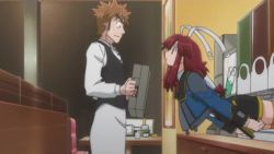 1boy 1girl 3_hit_combo angry animated animated_gif anime_screenshot blush briefcase brown_hair fight_ippatsu!_juuden-chan!! flying fourth_wall hair_ornament hitting jacket long_hair lowres miniskirt necktie open_mouth orange_thighhighs plug_cryostat red_hair sento_oumi shoes short_hair skirt spiked_hair star_(symbol) thighhighs uniform uppercut vest violence zettai_ryouiki