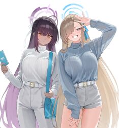 2girls absurdres alternate_costume arm_up asuna_(blue_archive) bag belt belt_buckle black_hair blue_archive blue_bag blue_eyes blue_halo blue_ribbon blue_sweater breasts brown_hair buckle closed_mouth commentary_request dark-skinned_female dark_skin grey_shorts hair_over_one_eye hair_ribbon halo highres holding holding_phone karin_(blue_archive) kono_(xerondan321) large_breasts long_sleeves multiple_girls pants phone purple_halo ribbon salute shorts shoulder_bag smile sweater sweater_tucked_in turtleneck turtleneck_sweater white_belt white_pants white_sweater yellow_eyes