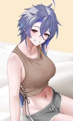 1girl azur_lane banba_(jakqbigone) bare_arms bare_shoulders blush breasts commentary crop_top foch_(azur_lane) grey_shorts grey_tank_top grin highres large_breasts long_hair looking_at_viewer midriff navel pink_eyes purple_hair short_shorts shorts sitting smile solo stomach tank_top very_long_hair