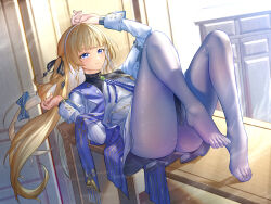 1girl absurdres arm_up black_bow black_collar blonde_hair blue_eyes blue_sash bow closed_mouth collar commentary feet full_body hair_bow hand_up highres hitpig knees_up long_hair long_sleeves looking_at_viewer lying no_gloves no_headwear no_shoes on_back pantyhose phoebe_(wuthering_waves) sash shirt skirt smile solo toes very_long_hair white_pantyhose white_shirt white_skirt wuthering_waves