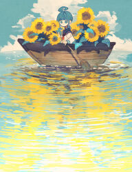 1girl :o ahoge aqua_eyes aqua_hair aqua_sailor_collar blue_sky boat cloud commentary_request day flower highres holding holding_oar jimini_shijimi long_sleeves looking_at_viewer medium_hair neckerchief no_pupils oar ocean on_boat original outdoors parted_lips red_neckerchief reflection reflective_water sailor_collar sailor_shirt shirt sidelocks sky solo sunflower watercraft white_shirt wide_shot
