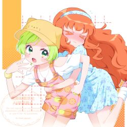 Rule 34 | &gt; &lt;, 2girls, bare shoulders, blue dress, blue hairband, blush, blush stickers, chii (chi pppuri), copyright notice, dress, english text, floral print, green eyes, green hair, hairband, hand on own hip, hand up, hat, highres, himitsu no aipri, hug, hug from behind, jewelry, leaning forward, legs together, medium dress, mitsuba airi, multiple girls, necklace, nose blush, open mouth, orange hair, overalls, pink overalls, pink shoes, pretty series, shinomiya rinrin, shirt, shoes, short hair, socks, standing, standing on one leg, watermark, wavy hair, wavy mouth, white shirt, white socks, wristband, yellow hat