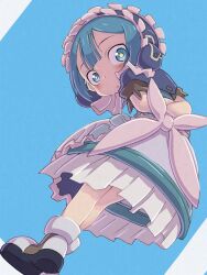 1boy :o arms_behind_back blue_background blue_eyes blue_hair blush bright_pupils child crossdressing dress frills from_below full_body highres looking_at_viewer looking_down made_in_abyss maid maid_headdress male_focus maruruk puffy_short_sleeves puffy_sleeves short_hair short_sleeves shota simple_background solo trap whistle ximu_shilang