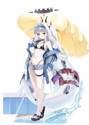 Rule 34 | 1girl, absurdres, ahoge, bikini, black bikini, blue archive, blush, breasts, commentary request, full body, halo, halterneck, hat, highres, hina (blue archive), holding, holding swim ring, innertube, inu lin, jacket, looking at viewer, navel, open clothes, open fly, open jacket, purple eyes, purple halo, short shorts, shorts, single bare shoulder, single hair intake, small breasts, solo, standing, swim ring, swimsuit, umbrella, visor cap, water, white background, white hair