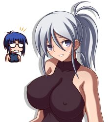 2girls blue_eyes blue_hair braid breasts ciel_(tsukihime) glasses grey_hair highres large_breasts long_hair looking_at_viewer melty_blood multiple_girls nipples ponytail purple_eyes riesbyfe_stridberg short_hair sideboob single_braid sleeveless smile tsukihime white_hair zeon132