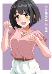 Rule 34 | 1girl, belt, black hair, brown belt, character name, collarbone, highres, idolmaster, idolmaster cinderella girls, illustscody, jewelry, necklace, open mouth, paw pose, pink shirt, shirt, short hair, short sleeves, skirt, smile, solo, takafuji kako, white skirt, yellow eyes