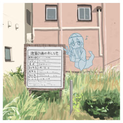 1girl asymmetrical_sleeves border building floating ghost ghost_tail grass long_hair long_sleeves looking_at_viewer musical_note open_mouth original outdoors overgrown right-over-left_kimono sign sleeves_past_fingers sleeves_past_wrists smile solo translation_request triangular_headpiece umi_ha_kirai uneven_sleeves urban v vacant_lot white_border