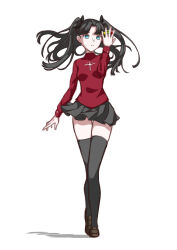 Rule 34 | 1girl, absurdres, between fingers, black hair, black skirt, black thighhighs, blue eyes, breasts, crossed legs, enzan (midori t0905), fate/stay night, fate (series), full body, gem, hand up, highres, holding, holding gem, long hair, miniskirt, parted lips, pleated skirt, red sweater, simple background, skirt, small breasts, solo, standing, sweater, tachi-e, thigh gap, thighhighs, tohsaka rin, turtleneck, two side up, very long hair, watson cross, white background, zettai ryouiki
