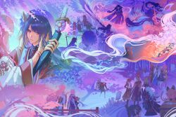 6+boys 6+girls abstract_background alternate_costume animal_ear_piercing animal_ears arataki_itto ayaka_(genshin_impact) blunt_bangs braid catgirljoseph cherry_blossoms chiori_(genshin_impact) chiyo_(genshin_impact) closed_mouth commentary crying crying_with_eyes_open english_commentary engulfing_lightning_(genshin_impact) faceless faceless_female faceless_male falling_petals flower flower_ornament fox_ears fox_girl friends from_above from_behind from_side genshin_impact gradient_hair hair_between_eyes hair_flowing_over hair_ornament hands_on_another&#039;s_head happy_birthday head_tilt highres holding holding_polearm holding_sword holding_umbrella holding_weapon implied_yaoi implied_yuri in_tree japanese_clothes kaedehara_kazuha kamisato_ayato katana kimono kirara_(genshin_impact) kitsune_saiguu kujou_sara kuki_shinobu long_braid long_hair long_sleeves looking_down looking_to_the_side makoto_(genshin_impact) miko mole mole_under_eye multicolored_hair multiple_boys multiple_girls neck_ribbon oil-paper_umbrella outdoors parted_lips petals pink_hair pink_petals polearm purple_eyes purple_flower purple_hair purple_kimono raiden_shogun red_ribbon ribbon sangonomiya_kokomi sasayuri_(genshin_impact) shade shikanoin_heizou short_hair single_braid sitting sitting_in_tree smoke smoke_trail standing sword tears teeth thoma_(genshin_impact) tree umbrella water weapon wide_sleeves wisteria yae_miko yoimiya_(genshin_impact)
