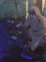 2boys beard_stubble belt black_belt black_boots black_coat black_gloves black_hair black_pants boots brown_coat brown_pants coat crossed_ankles facial_hair facial_mark fingerless_gloves full_body gloves green_hair heoli_(dangan_waist) highres holding holding_umbrella hood hood_up kneeling looking_at_another male_focus master_detective_archives:_rain_code multicolored_hair multiple_boys on_ground outdoors pants rain round_eyewear shirt sitting sparse_stubble streaked_hair stubble transparent transparent_umbrella umbrella vivia_twilight white_shirt yakou_furio