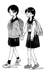 Rule 34 | 2girls, :d, backpack, bag, blush, closed eyes, greyscale, hair ornament, highres, holding hands, inui/byte, long hair, long sleeves, monochrome, multiple girls, open mouth, original, pleated skirt, randoseru, sailor collar, school bag, school uniform, serafuku, shoes, skirt, smile, socks, standing, twintails