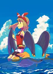 1girl black_shorts blue_sky bow brown_hair cloud cloudy_sky game_freak gen_3_pokemon hair_bow highres looking_at_another may_(pokemon) nintendo open_mouth pokemon pokemon_(creature) pokemon_oras red_bow red_shirt riding riding_pokemon rowdon shirt shorts sky sleeveless sleeveless_shirt swampert swimming