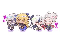 2boys 2girls :p anger_vein armor bare_shoulders black_dress black_hair black_pants black_shirt breasts chibi chibi_only cleavage closed_eyes coat colored_skin crop_top cropped_shirt dark-skinned_female dark_skin dragon_girl dragon_horns dress earrings facial_mark fate/grand_order fate_(series) formal_clothes fur-trimmed_coat fur_trim green_shirt grey_eyes grey_hair grey_skin hair_between_eyes half_updo horns ikura_(sugar_ps) indra_(fate) jacket jewelry lightning_bolt_facial_mark long_hair midriff multicolored_hair multiple_boys multiple_girls nagao_kagetora_(fate) navel open_mouth pants pauldrons ponytail shaded_face shirt short_hair shorts shoulder_armor simple_background single_pauldron sleeveless smile striped_clothes striped_jacket striped_suit suit sweatdrop swept_bangs tail takeda_shingen_(fate) teeth tongue tongue_out two-tone_hair uesugi_kenshin_(fate) uesugi_kenshin_(second_ascension)_(fate) v-shaped_eyebrows vritra_(second_ascension)_(fate) white_background white_hair white_jacket white_shorts yellow_eyes