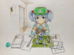 Rule 34 | 1girl, apron, beads, black apron, blue eyes, blue hair, blue shirt, blush, box, bug, collar, doorway, emphasis lines, frown, glue, grasshopper, green hat, hair beads, hair ornament, hat, highres, insect, kawashiro nitori, mecha, model kit, paper, pliers, q-bee (aaru), robot, shirt, solo, table, touhou, toy, traditional media, white background, white collar, white sleeve cuffs