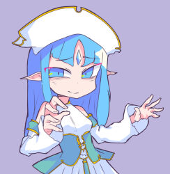 1girl bicorne blue_eyes blue_gemstone blue_hair closed_mouth commentary corset cowboy_shot detached_sleeves dress fingernails forehead_jewel gem gold_trim green_corset grey_background hands_up hat highres long_hair looking_at_viewer mukenkairou parted_bangs pastel_kalar pointy_ears rance_(series) simple_background sleeveless sleeveless_dress smile solo white_dress white_hat white_sleeves
