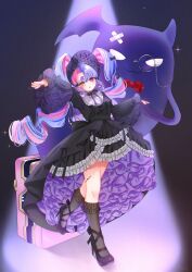 1girl black_bonnet black_dress black_shoes black_socks bonnet commentary dress goth_fashion heterochromia high_heels highres long_hair long_sleeves looking_at_viewer omochioip pero_(wuthering_waves) pink_eyes pink_hair purple_hair roccia_(wuthering_waves) shoes socks solo tacet_mark_(wuthering_waves) twintails wide_sleeves wuthering_waves yellow_eyes
