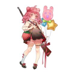&gt;_&lt; 1girl :d aged_down animal_balloon bag balloon bandaid bandaid_on_knee bandaid_on_leg black_bow black_shoes bloomers blush bolt_action bow bow_legwear brown_dress closed_mouth double_bun dress dress_bow food-themed_bag footwear_ribbon full_body girls&#039;_frontline gun gun_on_back hair_bow hair_bun heart_balloon highres holding holding_bag long_hair long_sleeves looking_at_viewer mauser_98 neck_ribbon official_alternate_costume official_art open_mouth pink_eyes pink_hair pink_ribbon red_bow red_ribbon ribbon rifle shiny_footwear shirt shoes simple_background single_sock smile socks solo standing star_balloon strawberry_bag thigh_strap transparent_background underwear weapon weapon_on_back white_bloomers white_shirt white_socks wz.29_(envoy_of_sweet_dreams)_(girls&#039;_frontline) wz.29_(girls&#039;_frontline) xd zuizi