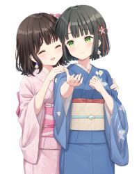 2girls :d ^_^ animification black_hair blue_kimono blunt_bangs blunt_ends blush bob_cut breasts brown_sash closed_eyes commentary_request cowboy_shot floral_print floral_print_kimono flower flower_knot flower_stand_art green_eyes hair_flower hair_ornament hanazora_satsuki hand_on_another&#039;s_arm hand_on_another&#039;s_shoulder highres japanese_clothes kimono link!_like!_love_live! long_sleeves love_live! medium_breasts momose_ginko momose_ginko_(summer_casual) multiple_girls obi obiage obijime official_alternate_costume open_mouth pink_flower pink_kimono pink_sash print_kimono real_life sakurai_hina sash short_hair simple_background smile standing three-quarter_sleeves virtual_youtuber voice_actor voice_actor_connection white_background